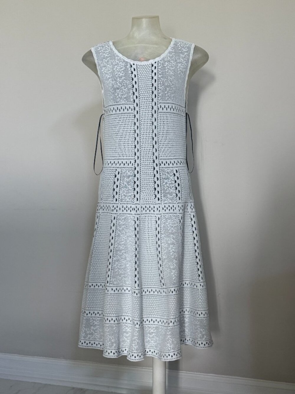 Antonio Melani White Black Pointelle Openwork Knit Midi Dress M Openwork Knit